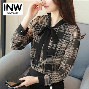 Autumn Women's Plaid Tops Vintage Chiffon Blouse